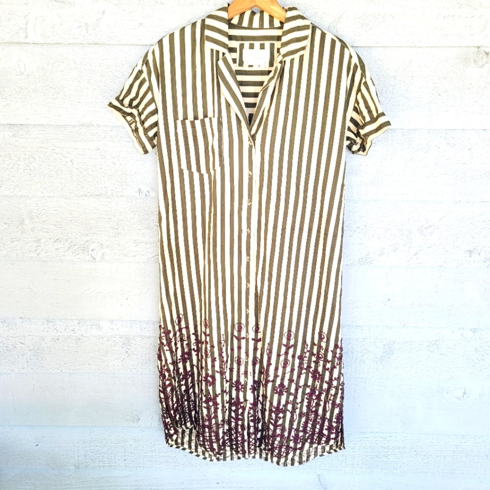 Anthropologie Josie Embroidered Maxi Shirt Dress - Cream/Olive Stripe - Size XS